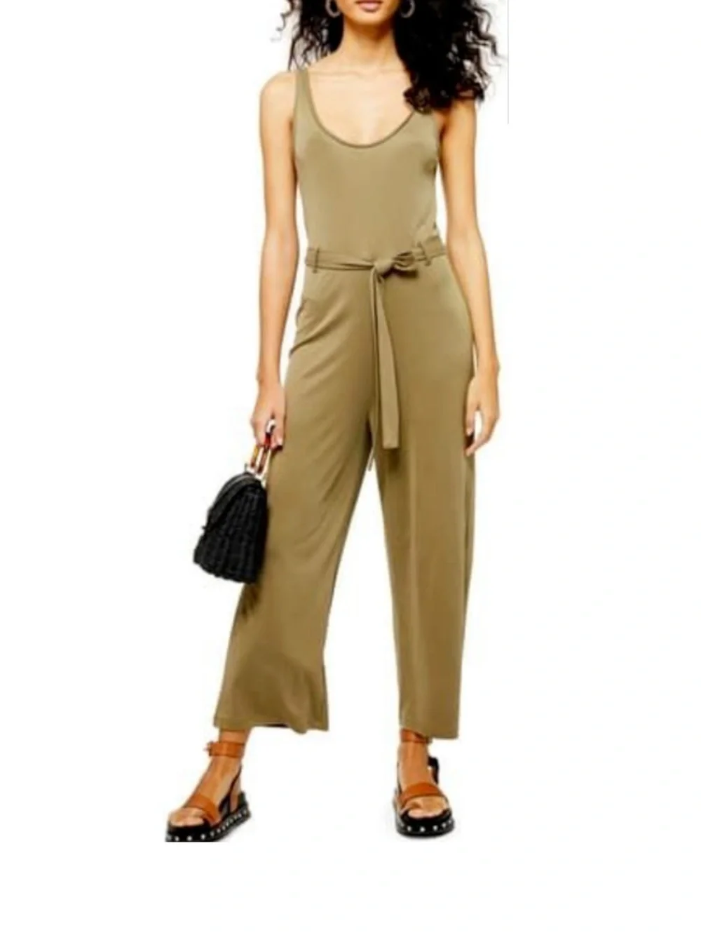 Topshop Olive Green Sleeveless Wide Leg Tie Waist Jumpsuit US 10 - Picture 3 of 14